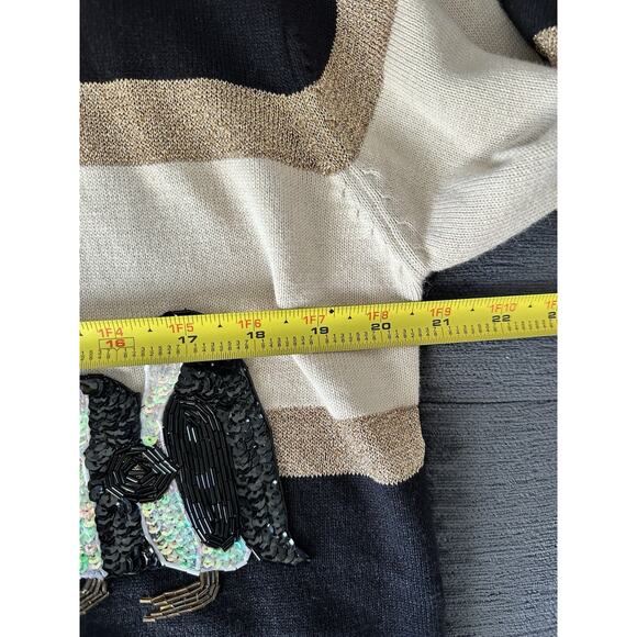 Terazzo Women’s black, beige, and gold striped cardigan with sequined penguins M - Picture 7 of 7